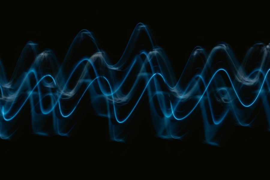 Multiple light beams representing multiple waveforms of sound overlayed on top of each other